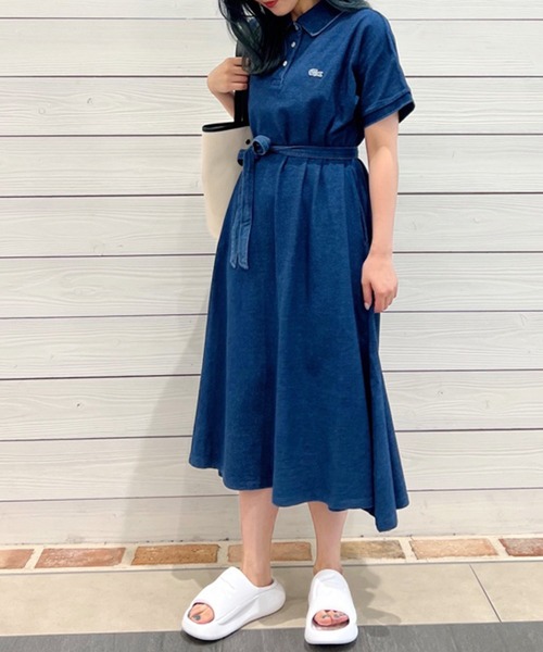 入荷now 買えない LACOSTE シャツワンピース インディゴ 鹿の子ポロドレス ワンピース