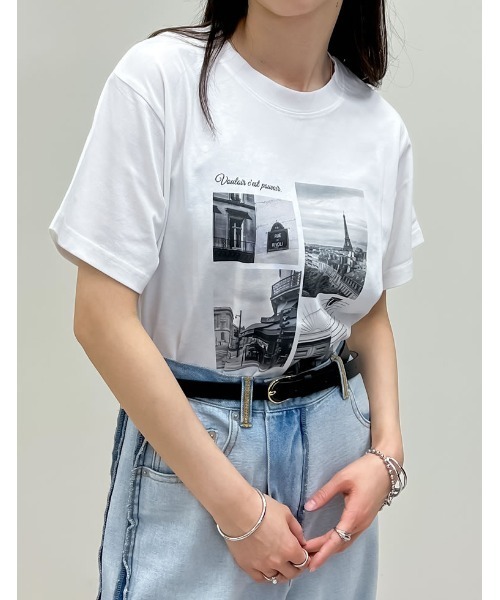 tシャツ 2WAYリーフフォトプリントレイヤードTシャツ レディース Mili affinity tシャツ フォトプリントオーバーサイズショート
