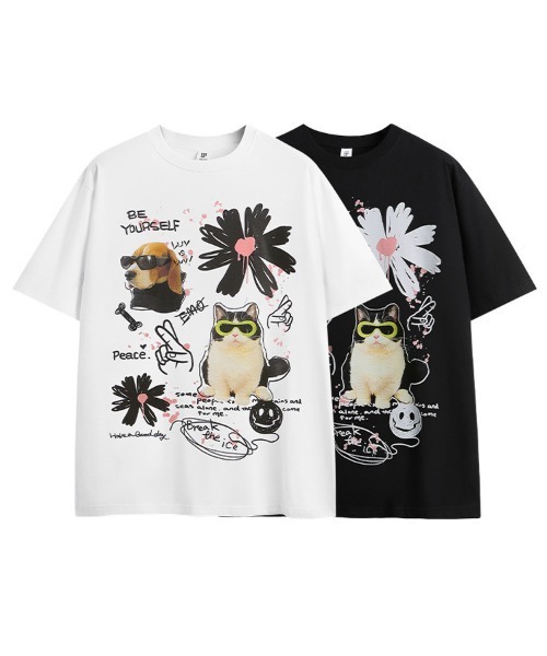tシャツ アニマルキャラプリントレトロ風オーバーサイズT半袖シャツ レディース Ressaca tシャツ オーバーサイズ 手書き風アニマルプリントT