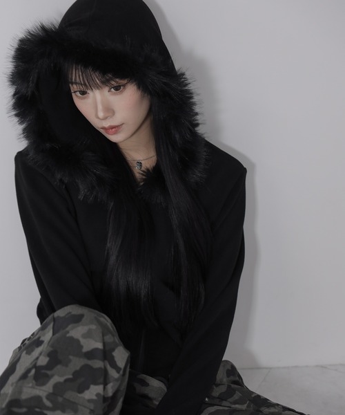 パーカー 「 ３color 」ファーフードジップアップパーカー ／ fur zipup hoodie レディース me+em select（ミームセレクト）の「【 3color 】ファーフード