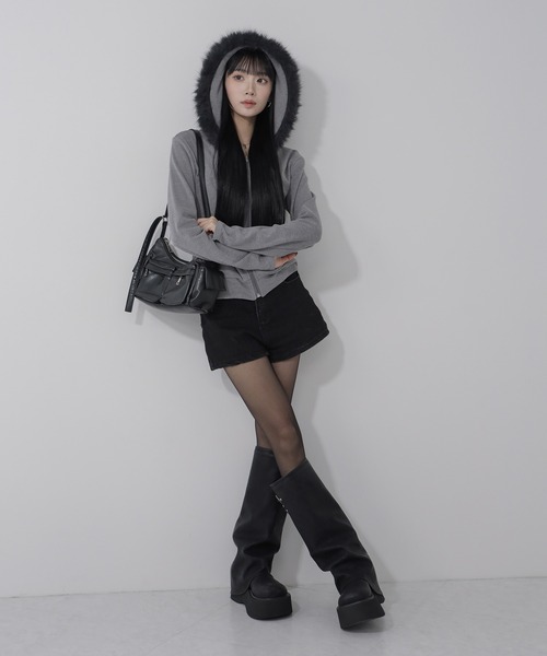 me+em select パーカー 「 3color 」ファーフードジップアップ