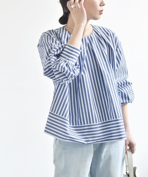 ブラウス シャツ quaranciel:「洗濯機可能」REPREVE タック フレア シャツ ブラウス レディース