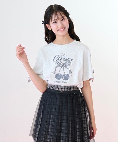 メゾピアノ新品新作タグ付き【接触冷感】袖レースアップリボンチェリーTシャツ160 メゾピアノ新品新作タグ付き【接触冷感】袖レースアップリボン