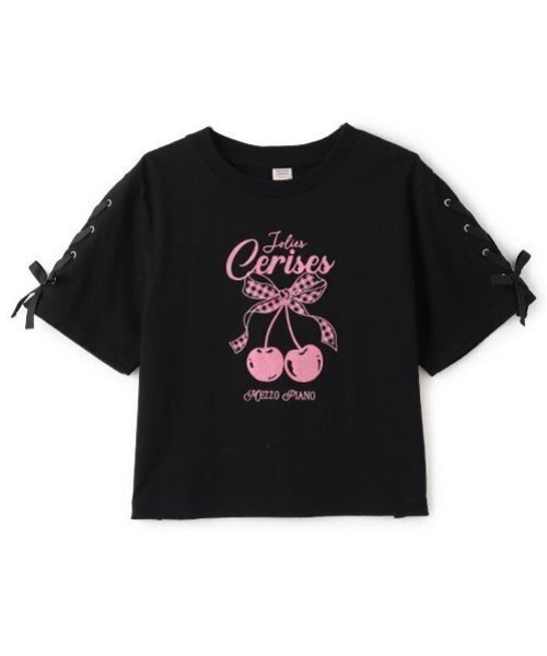 メゾピアノ新品新作タグ付き【接触冷感】袖レースアップリボンチェリーTシャツ160 メゾピアノ新品新作タグ付き【接触冷感】袖レースアップリボン