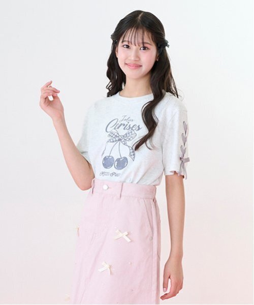 メゾピアノ新品新作タグ付き【接触冷感】袖レースアップリボンチェリーTシャツ160 メゾピアノ新品新作タグ付き【接触冷感】袖レースアップリボン