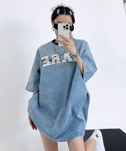tシャツ 韓国ファッション MARE刺繍ロゴ半袖デニムTシャツ レディース メンズ