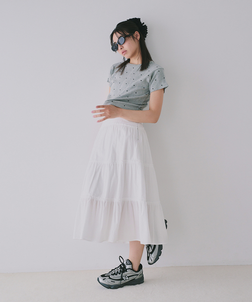U by SPICK&SPAN 針抜きリブハートグレートップス新品 U by SPICK&SPAN tシャツ 針抜きリブハートプリントトップス