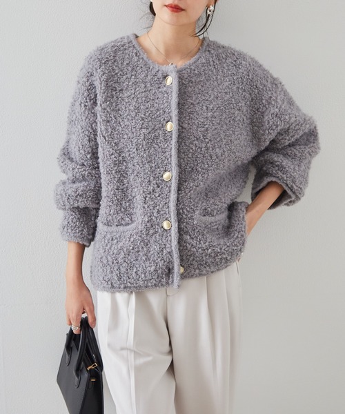 RANAN（ラナン） カーディガン ゴールド調ボタンループ編みニット