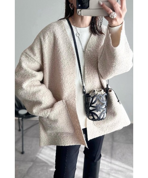 「&. NOSTALGIA」 ノーカラージャケット FREE グレイッシュベージュ レディース_画像5