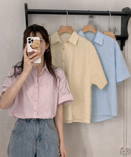 miniministore（ミニミニストア） ブラウス シャツ 半袖 ストライプ柄