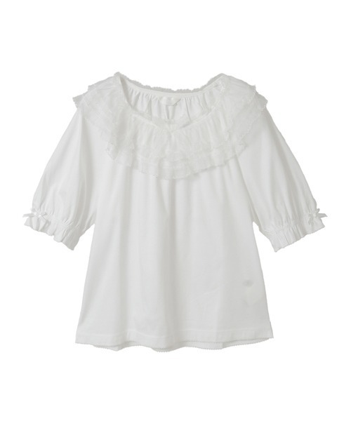 <美品>ピンクハウス 半袖ローン 切り替えブラウス カットソー PINK HOUSE（ピンクハウス） tシャツ 半袖 ソフトチュール襟付き