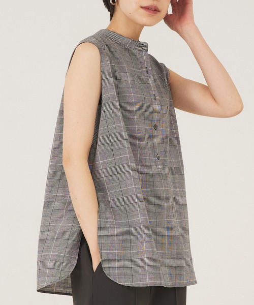タンクトップ ノースリーブ スタンド2wayチュニックチェックブラウス/ノースリーブトップス/オフィスカジュアル/夏服 レディース