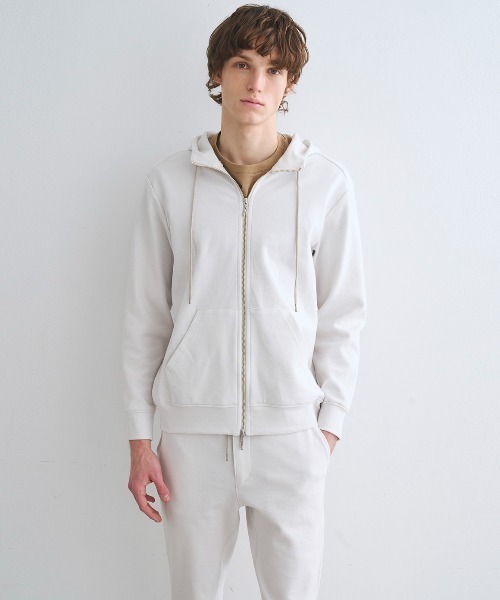 three dots シャイニーシャツジップアップフーディ ベージュ S three dots(スリードッツ)｜シャイニーシャツ ジップアップフーディ