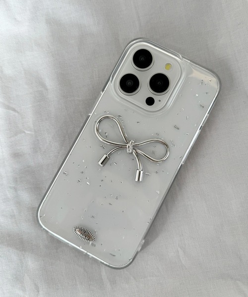 モバイルケース 「 Jelly moo / ジェリームー 」 ワンポイント シルバーリボン iPhone ケース ( 13 / 13pro