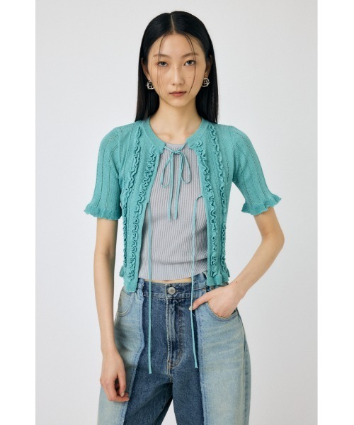 MOUSSY ネイビー レース編み カーディガン MOUSSY（マウジー）の「FRILL CABLE カーディガン（カーディガン