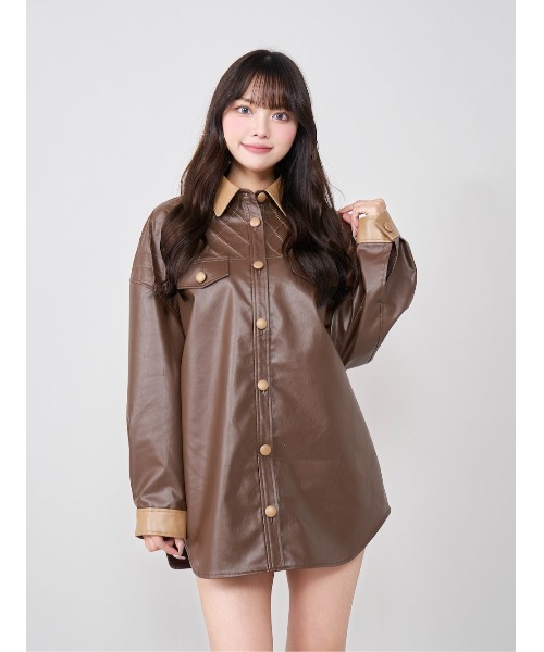 ブラウス シャツ バイカラーステッチレザーシャツ レディース
