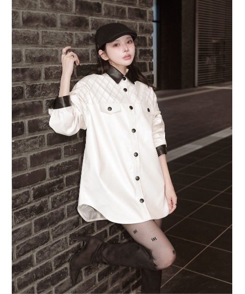 値下げ！Darich バイカラーステッチレザーシャツ Darich ブラウス シャツ バイカラーステッチレザーシャツ