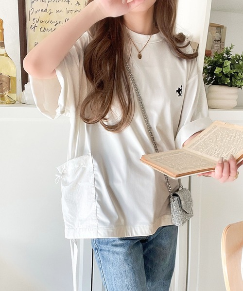 ゆるっとシルエットカジュアル。カーゴポケット＆リボン付きワンポイント胸刺繍ドロスト半袖トップス ce1260315 main image 0