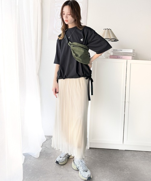 ゆるっとシルエットカジュアル。カーゴポケット＆リボン付きワンポイント胸刺繍ドロスト半袖トップス ce1260315 main image 1