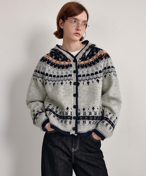 カーディガン フェアアイル柄 フード付き ニットカーディガン FC25S129