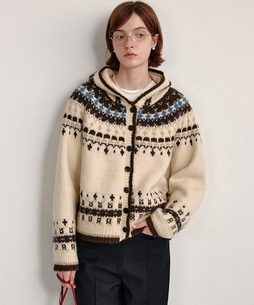 カーディガン フェアアイル柄 フード付き ニットカーディガン FC25S129