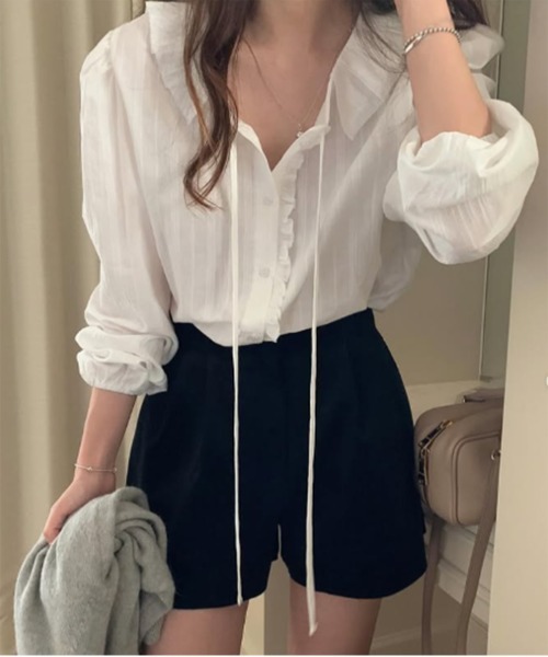 by muni:r ブラウス シャツ ラブリーフリルネックブラウス レディース  