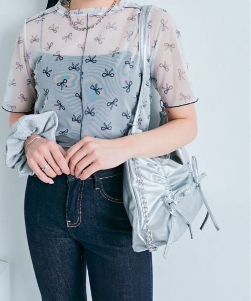tシャツ サマー シアーメッシュ 半袖 リボン トップス レディース