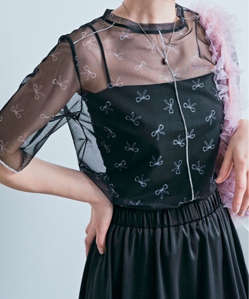tシャツ 半袖 サマー シアーメッシュ リボン トップス レディース
