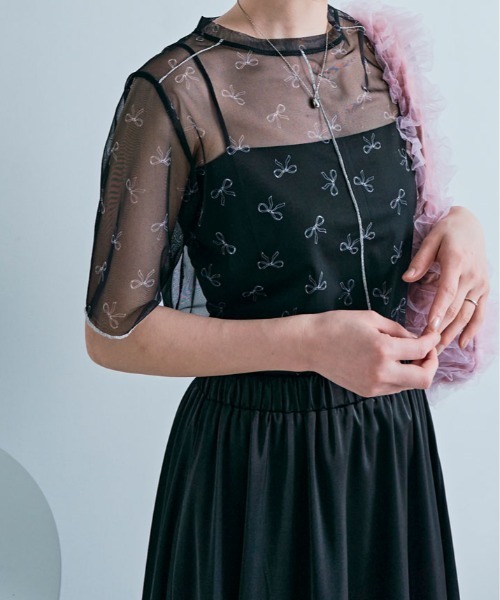 tシャツ 半袖 サマー シアーメッシュ リボン トップス レディース