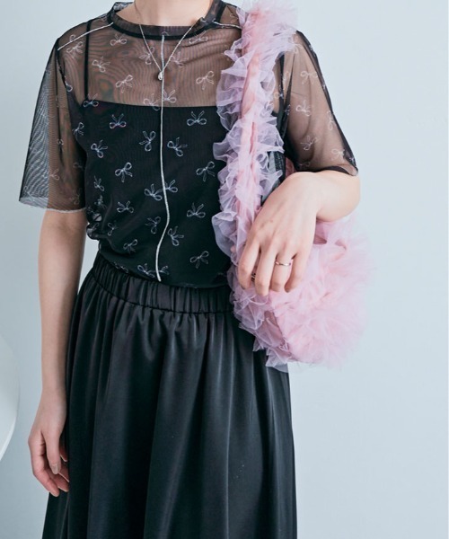 tシャツ 半袖 サマー シアーメッシュ リボン トップス レディース