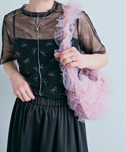 tシャツ 半袖 サマー シアーメッシュ リボン トップス レディース