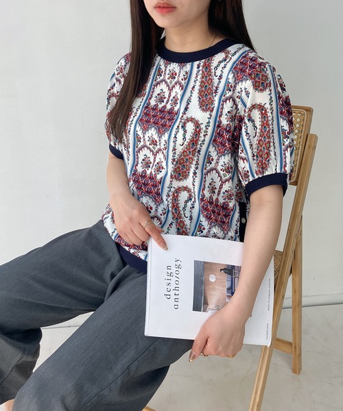 ANMARY リボン付き半袖Tシャツ AS KNOW tシャツ ○裾マルっと サイドボタンリブ半袖プル