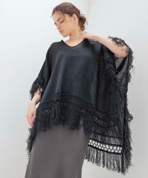カーディガン paper yarn fringe poncho(ペーパーヤーンフリンジポンチョ) レディース