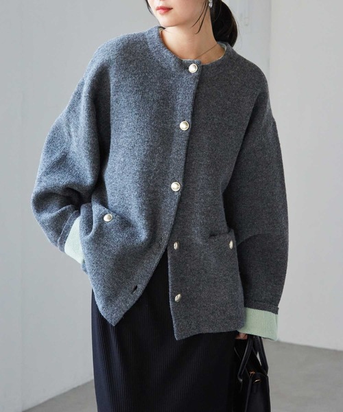 美品 TONAL アンゴラニットジャケット グレー カーディガン 金ボタン RANAN（ラナン） カーディガン ゴールドボタン裏配色ニットジャケット