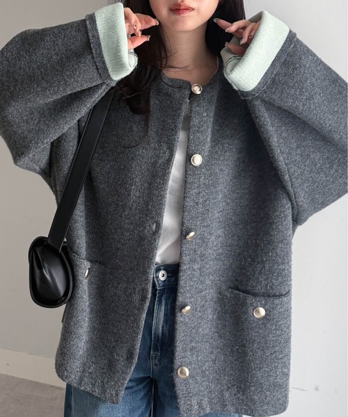 RANAN（ラナン） カーディガン ゴールドボタン裏配色ニットジャケット