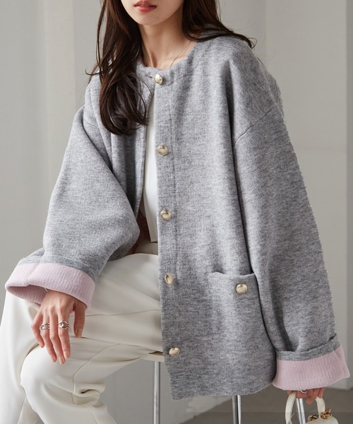 RANAN（ラナン） カーディガン ゴールドボタン裏配色ニットジャケット