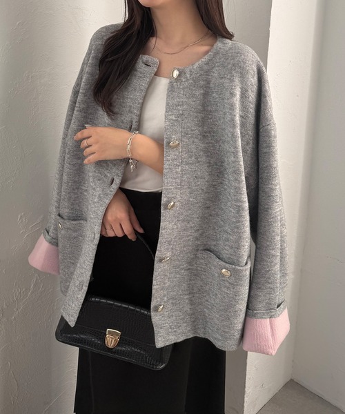 RANAN（ラナン） カーディガン ゴールドボタン裏配色ニットジャケット