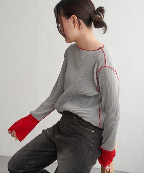 VENCE EXCHANGE tシャツ プリーツ加工配色袖トップス レディース
