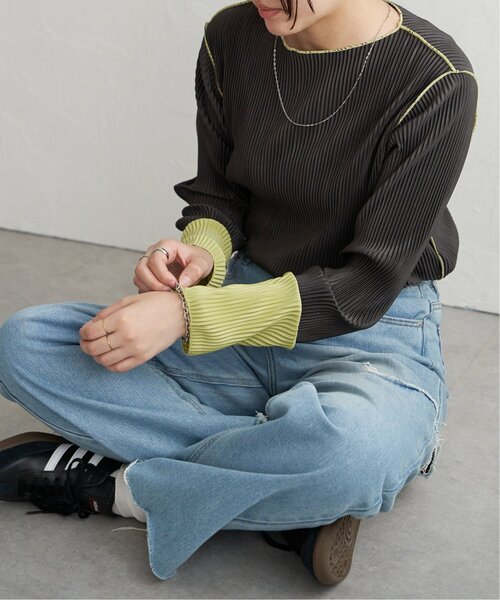 VENCE EXCHANGE tシャツ プリーツ加工配色袖トップス レディース