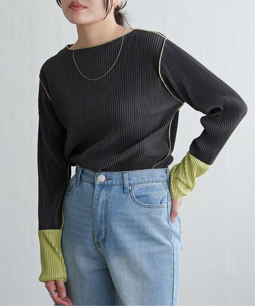 VENCE EXCHANGE tシャツ プリーツ加工配色袖トップス レディース