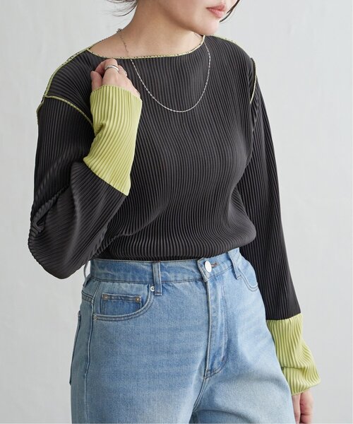 VENCE EXCHANGE tシャツ プリーツ加工配色袖トップス レディース