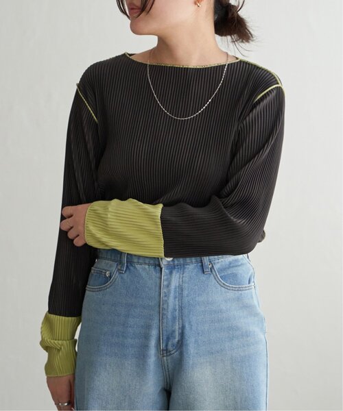 VENCE EXCHANGE tシャツ プリーツ加工配色袖トップス レディース