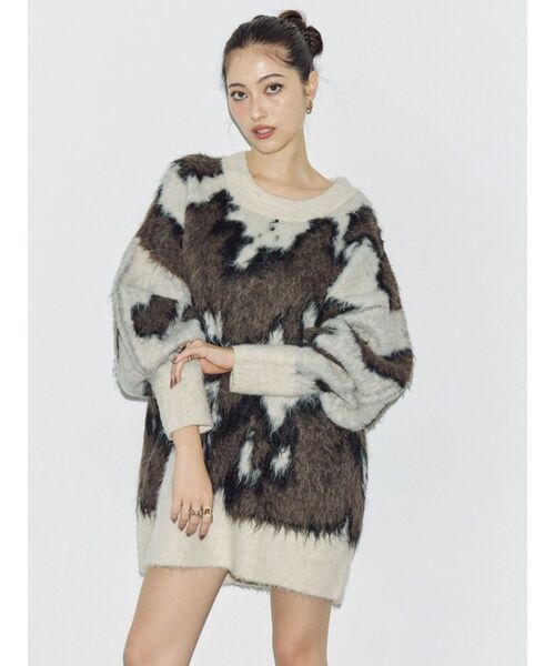 ヨーロッパ vintage オーバーサイズ　レザー　編み込み　ニット トップス EVRIS（エヴリス） ニット セーター アニマルシャギーオーバーサイズ