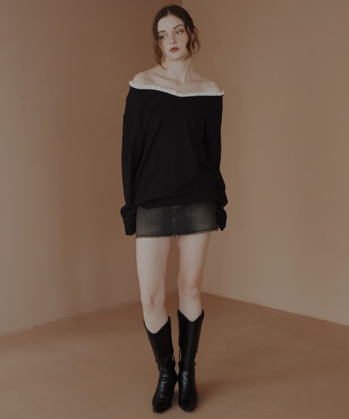 Mili affinity tシャツ オフショルフリルバイカラーニット レディース