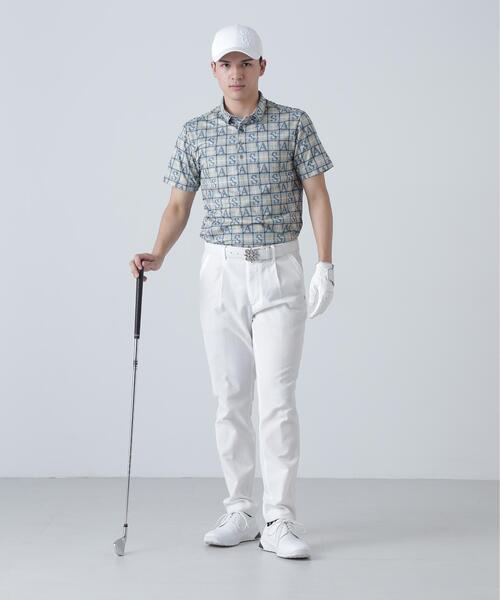 St ANDREWS メンズ ゴルフシャツ ロゴチェックプリント半袖シャツ St ANDREWS ポロシャツ トリコットメッシュロゴチェックプリント半袖