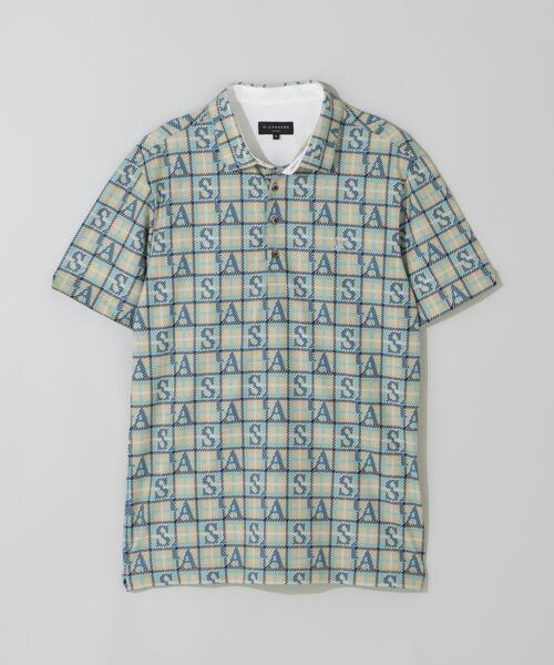 St ANDREWS メンズ ゴルフシャツ ロゴチェックプリント半袖シャツ St ANDREWS ポロシャツ トリコットメッシュロゴチェックプリント半袖
