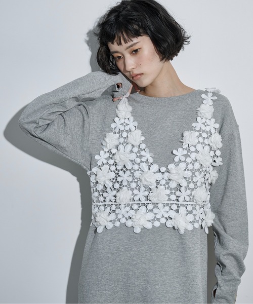 美品　45rpm フラワーニットモチーフ長袖カットソー　Ｔシャツ　花レース編み THE Yon フラワーモチーフレースVネックビスチェ レディース