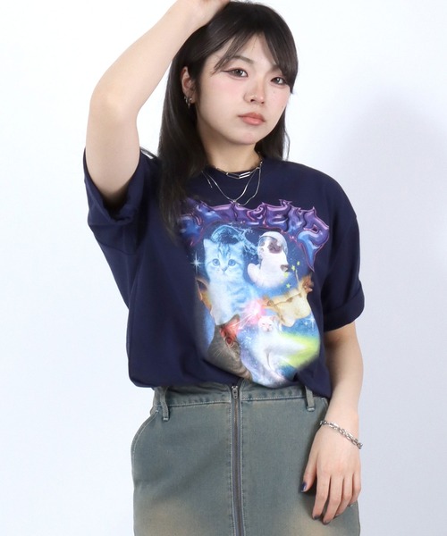 tシャツ ユニバース キャットTシャツ 宇宙 猫 フォトプリント 韓国ストリート Y2K アニマルグラフィック ビッグシルエット メンズ レディース 韓国 オーバーサイズ アニマルグラフィックロゴプリント Tシャツ L