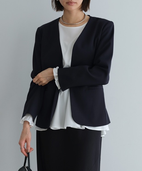 【新品未使用】evernavy ノーカラージャケット Lサイズ 完売商品 evernavy ノーカラージャケット L ダークネイビー レディース