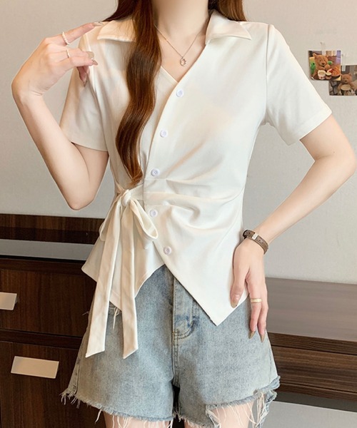 2ly2 tシャツ 半袖 サイドリボン カシュクール風ポロトップス 